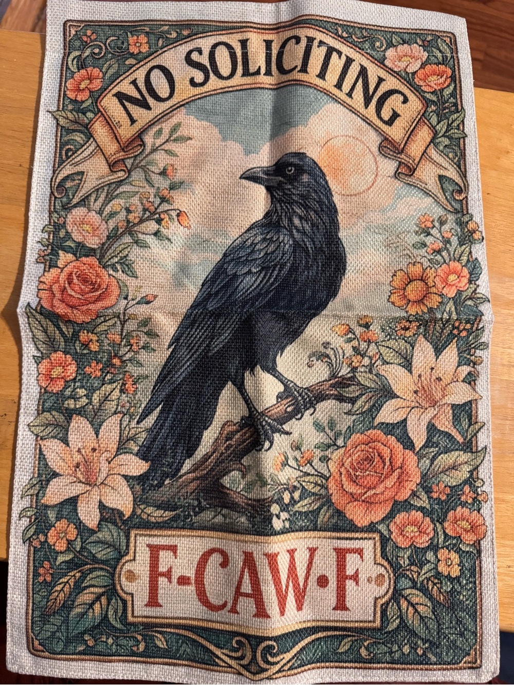 Burlap No Soliciting F-Caw-F Garden Flag Double Sided